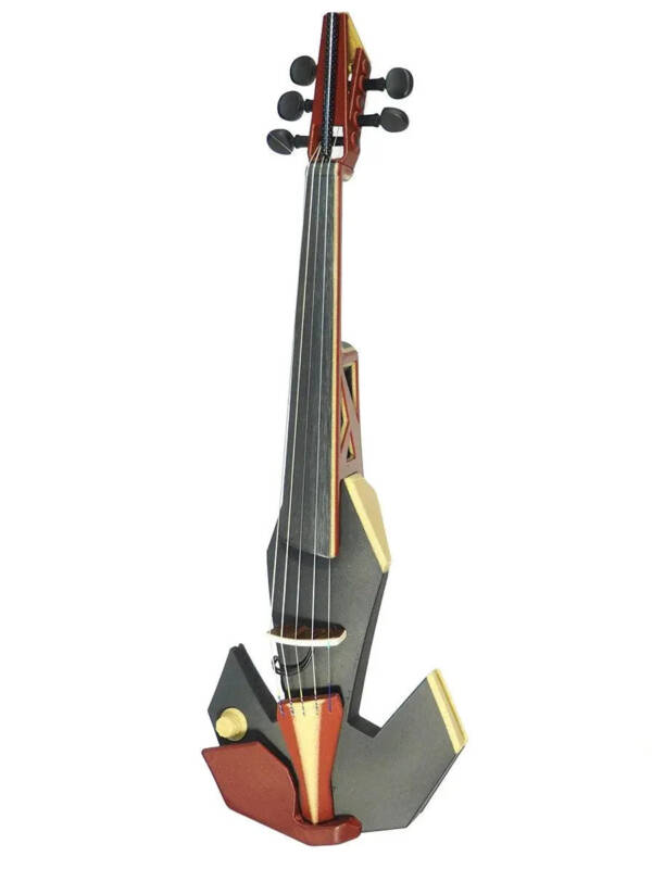 OpenFabPDX Modular Fiddle 5-string electric violin, black, gold, and red, with Starfish Designs bridge